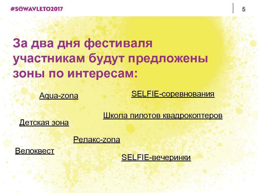 5 За два дня фестиваля участникам будут предложены зоны по интересам: SELFIE-соревнования Aqua-zona Детская