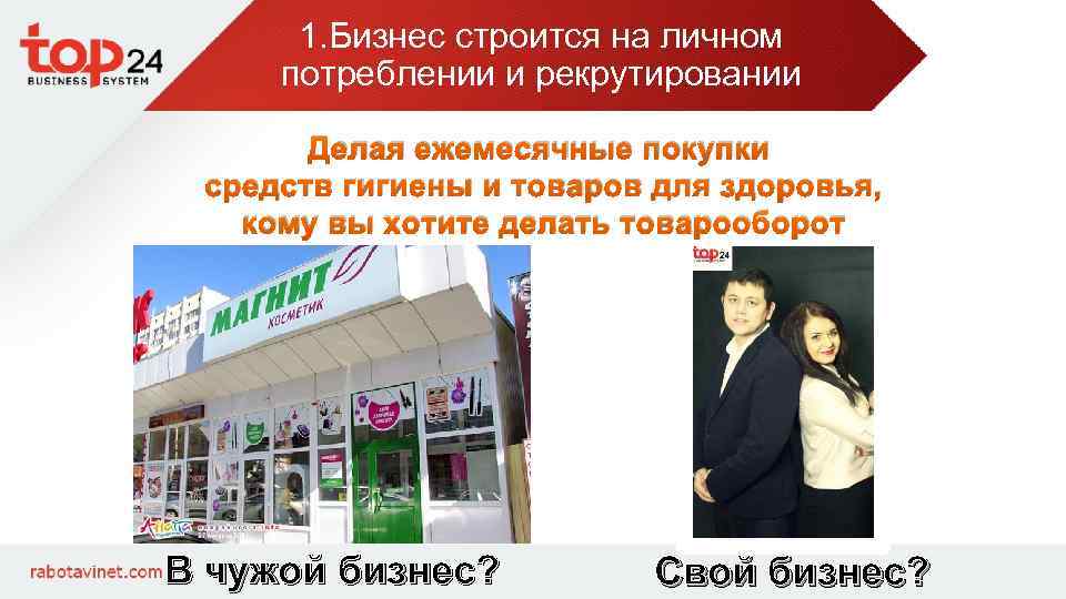 1. Бизнес строится на личном потреблении и рекрутировании Делая ежемесячные покупки средств гигиены и