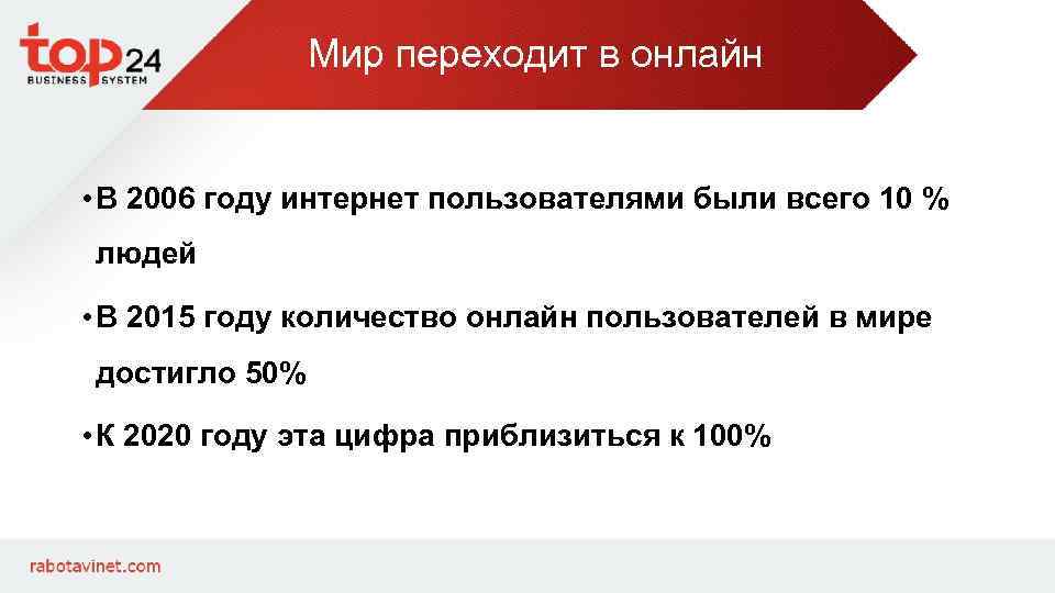 Мир переходит в онлайн • В 2006 году интернет пользователями были всего 10 %