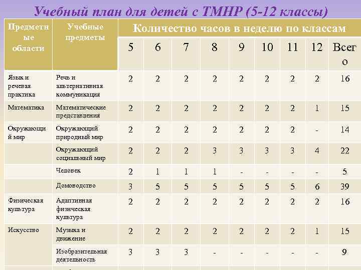 Учебный план для детей с ТМНР (5 -12 классы) Предметн ые области Учебные предметы