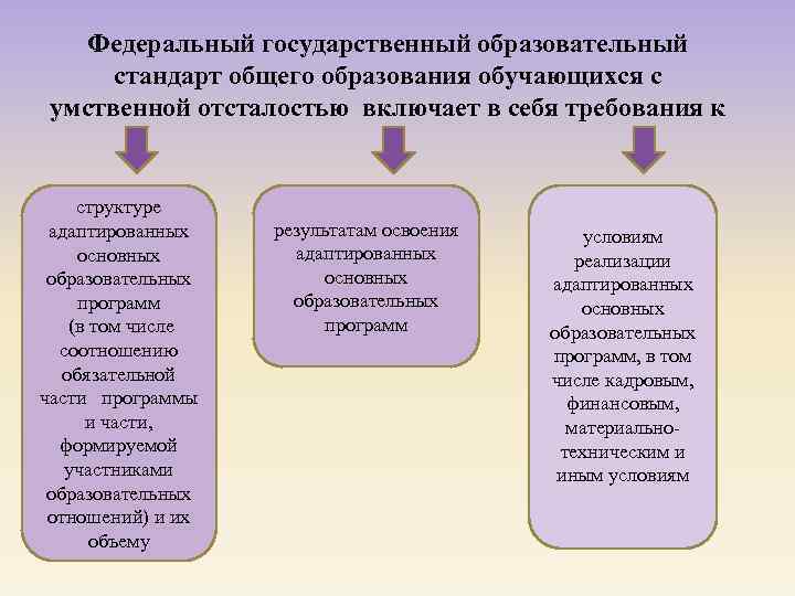 Федеральный государственный образовательный стандарт общего образования обучающихся с умственной отсталостью включает в себя требования
