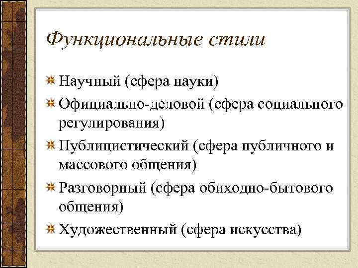 Функциональные стили Научный (сфера науки) Официально-деловой (сфера социального регулирования) Публицистический (сфера публичного и массового