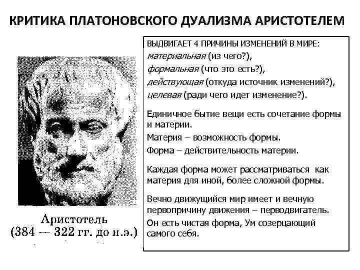 КРИТИКА ПЛАТОНОВСКОГО ДУАЛИЗМА АРИСТОТЕЛЕМ ВЫДВИГАЕТ 4 ПРИЧИНЫ ИЗМЕНЕНИЙ В МИРЕ: материальная (из чего? ),