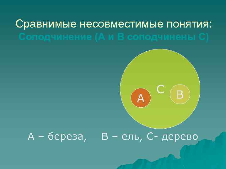 Сравнимые несовместимые понятия: Соподчинение (А и В соподчинены С) А А – береза, С