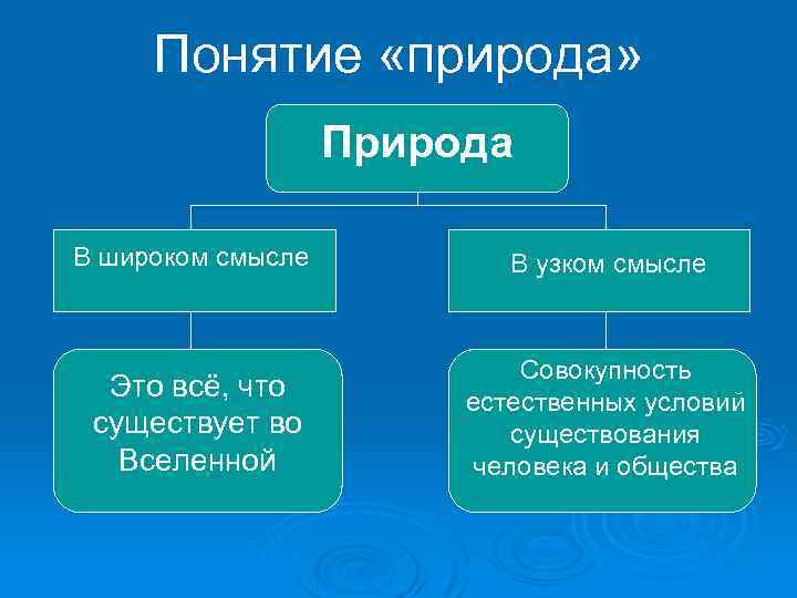 Понятие «природа» Природа В широком смысле В узком смысле Это всё, что существует во