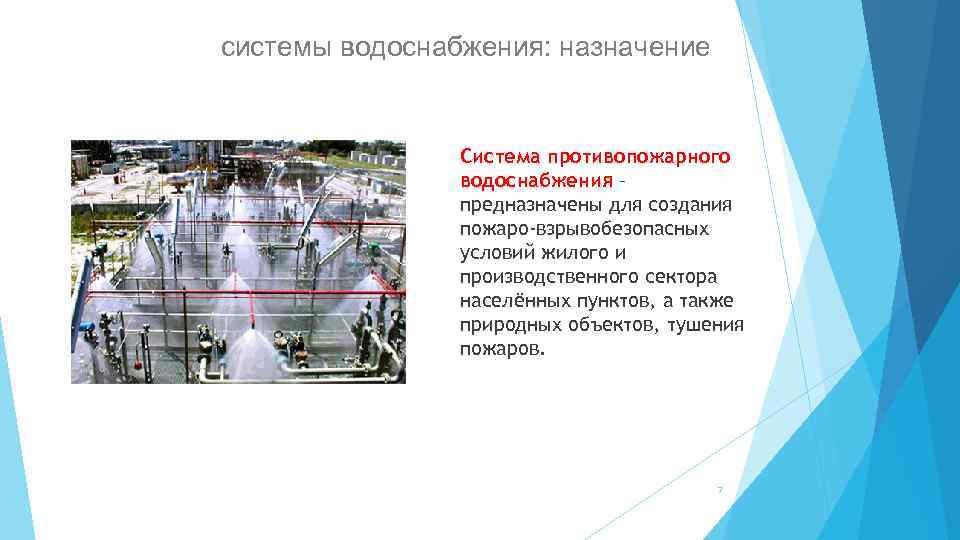 системы водоснабжения: назначение Система противопожарного водоснабжения – предназначены для создания пожаро-взрывобезопасных условий жилого и