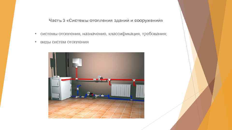 Часть 3 «Системы отопления зданий и сооружений» • системы отопления, назначение, классификация, требования; •