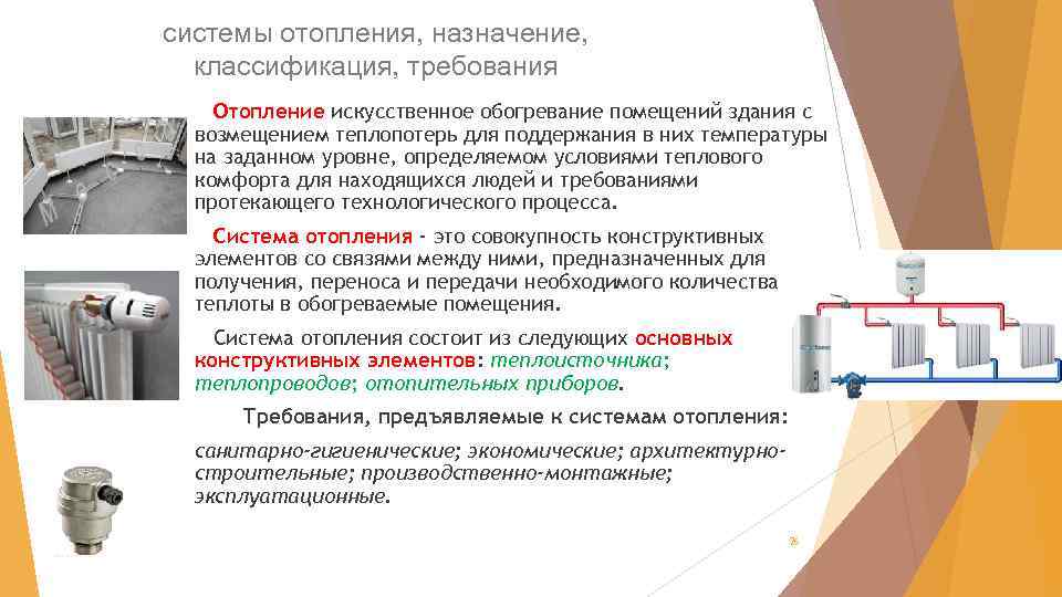 системы отопления, назначение, классификация, требования Отопление искусственное обогревание помещений здания с возмещением теплопотерь для
