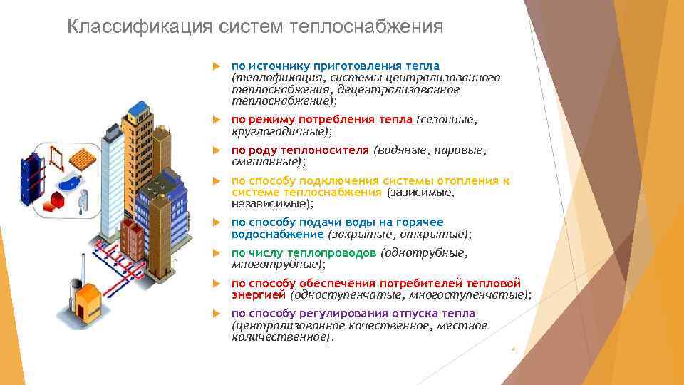 Классификация систем теплоснабжения по источнику приготовления тепла (теплофикация, системы централизованного теплоснабжения, децентрализованное теплоснабжение); по