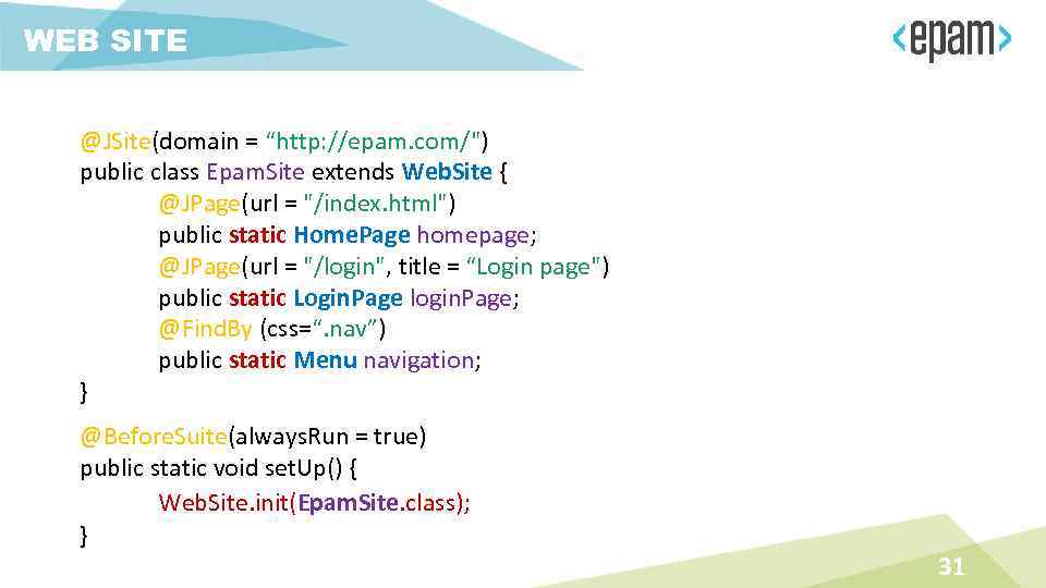 WEB SITE @JSite(domain = “http: //epam. com/") public class Epam. Site extends Web. Site