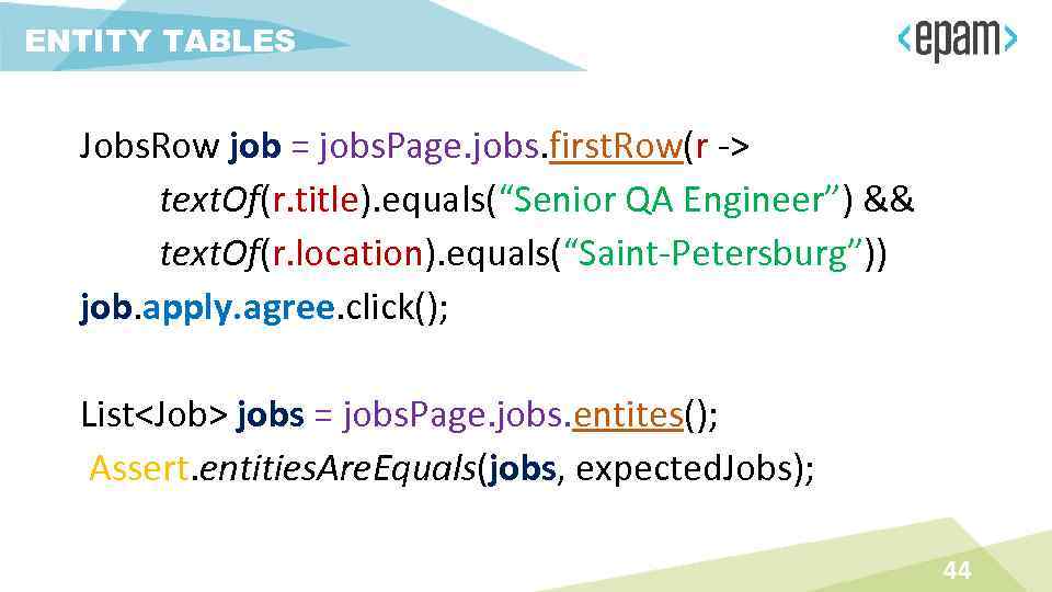 ENTITY TABLES Jobs. Row job = jobs. Page. jobs. first. Row(r -> text. Of(r.