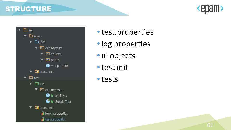 STRUCTURE • test. properties • log properties • ui objects • test init •