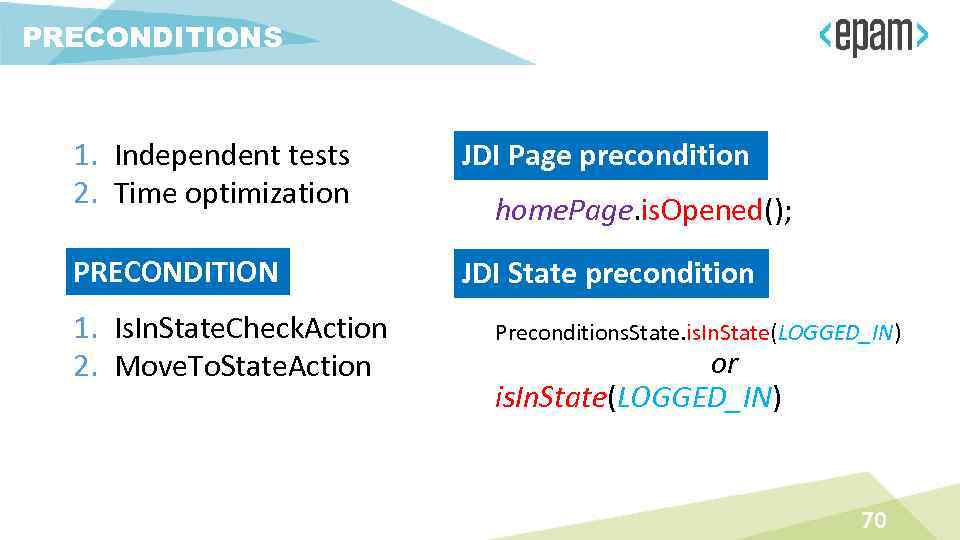 PRECONDITIONS 1. Independent tests 2. Time optimization JDI Page precondition PRECONDITION JDI State precondition