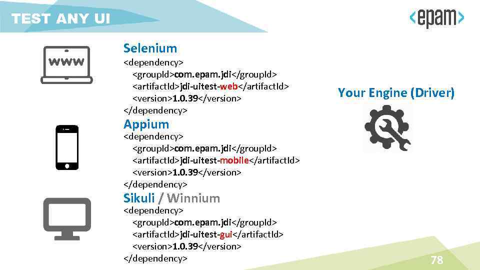 TEST ANY UI Selenium <dependency> <group. Id>com. epam. jdi</group. Id> <artifact. Id>jdi-uitest-web</artifact. Id> <version>1.