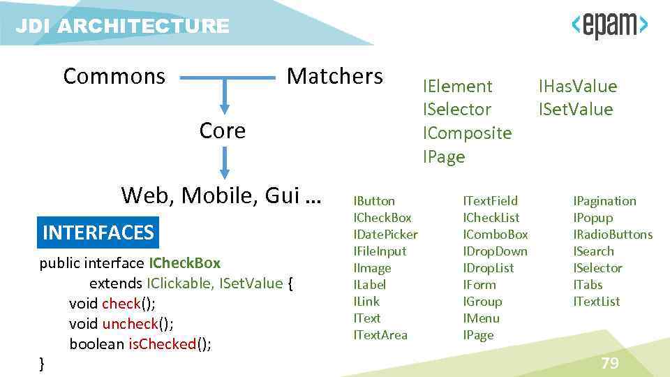 JDI ARCHITECTURE Commons Matchers Core Web, Mobile, Gui … INTERFACES public interface ICheck. Box