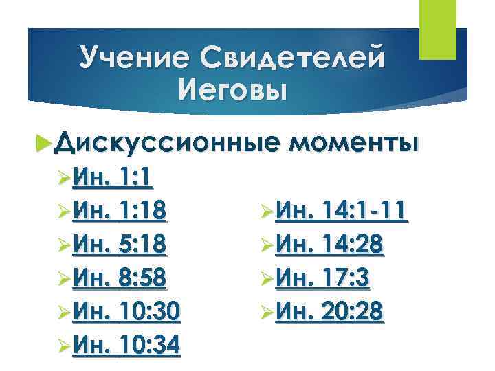 Учение Свидетелей Иеговы Дискуссионные моменты ØИн. 1: 18 ØИн. 14: 1 -11 ØИн. 5: