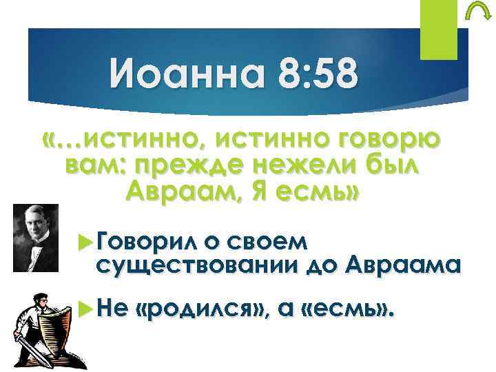 Иоанна 8: 58 «…истинно, истинно говорю вам: прежде нежели был Авраам, Я есмь» Говорил