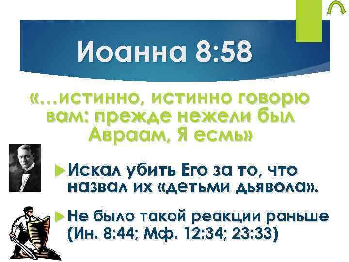Иоанна 8: 58 «…истинно, истинно говорю вам: прежде нежели был Авраам, Я есмь» Искал