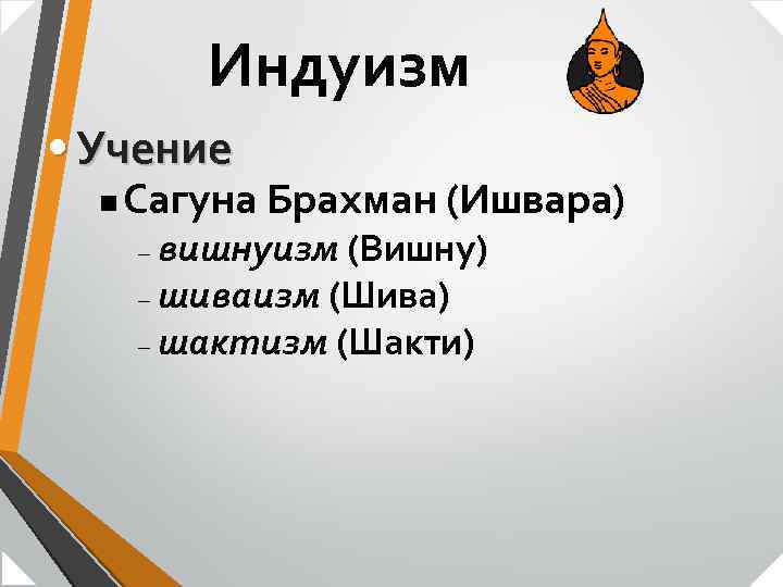 Индуизм • Учение n Сагуна Брахман (Ишвара) вишнуизм (Вишну) – шиваизм (Шива) – шактизм