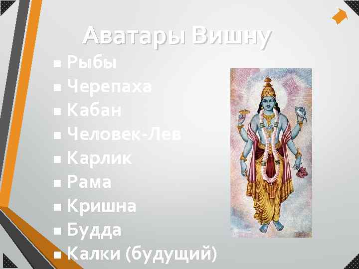 Аватары Вишну Рыбы n Черепаха n Кабан n Человек-Лев n Карлик n Рама n