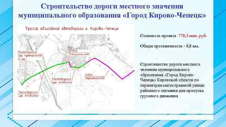 Строительство дороги местного значения муниципального образования «Город Кирово-Чепецк» Стоимость проекта 778, 5 млн. руб.