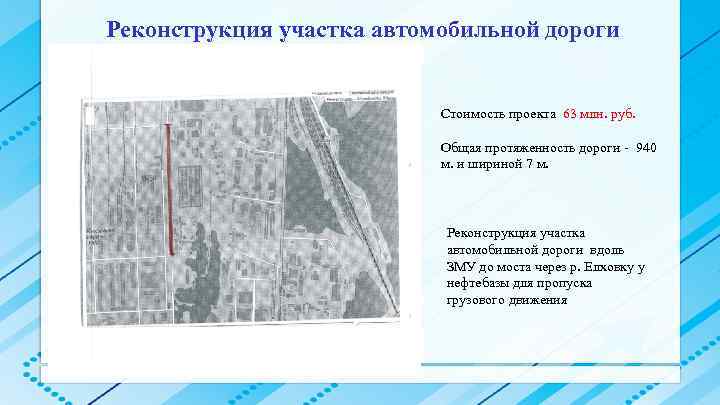 Реконструкция участка автомобильной дороги Стоимость проекта 63 млн. руб. Общая протяженность дороги - 940