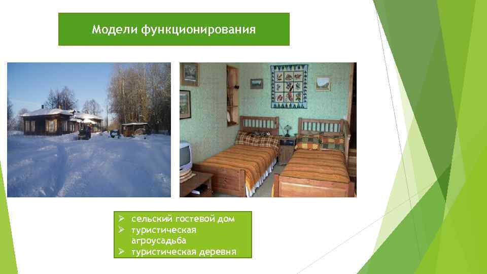Модели функционирования Ø сельский гостевой дом Ø туристическая агроусадьба Ø туристическая деревня 