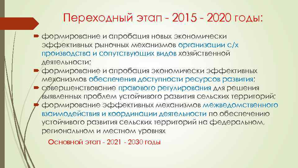 Переходный этап - 2015 - 2020 годы: формирование и апробация новых экономически эффективных рыночных