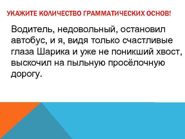 УКАЖИТЕ КОЛИЧЕСТВО ГРАММАТИЧЕСКИХ ОСНОВ! Водитель, недовольный, остановил автобус, и я, видя только счастливые глаза