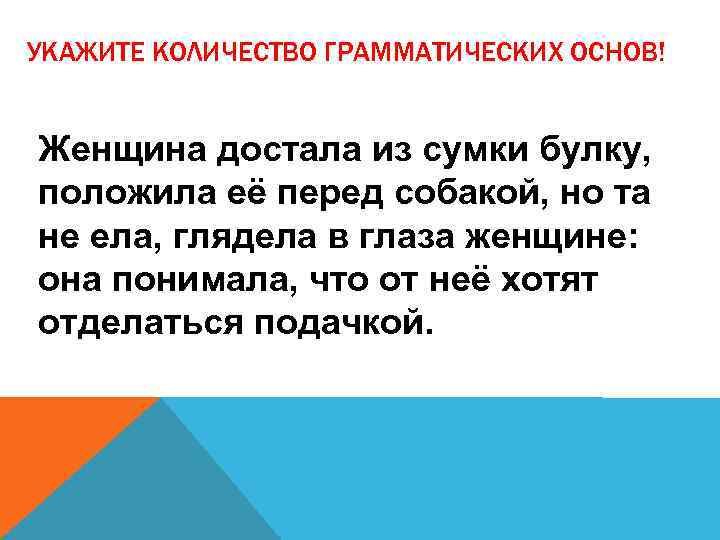 УКАЖИТЕ КОЛИЧЕСТВО ГРАММАТИЧЕСКИХ ОСНОВ! Женщина достала из сумки булку, положила её перед собакой, но
