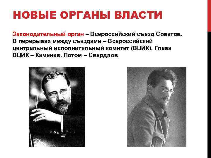 НОВЫЕ ОРГАНЫ ВЛАСТИ Законодательный орган – Всероссийский съезд Советов. В перерывах между съездами –