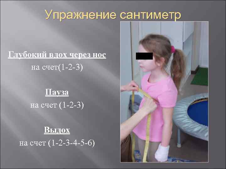 Упражнение сантиметр Глубокий вдох через нос на счет(1 -2 -3) Пауза на счет (1