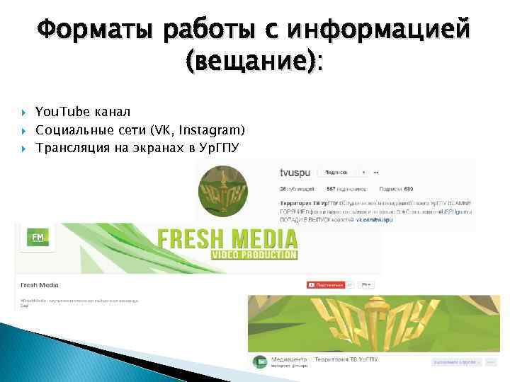 Форматы работы с информацией (вещание): You. Tube канал Социальные сети (VK, Instagram) Трансляция на