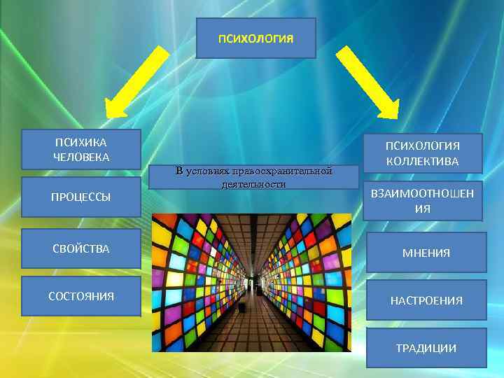 ПСИХОЛОГИЯ ПСИХИКА ЧЕЛОВЕКА ПРОЦЕССЫ В условиях правоохранительной деятельности ПСИХОЛОГИЯ КОЛЛЕКТИВА ВЗАИМООТНОШЕН ИЯ СВОЙСТВА МНЕНИЯ