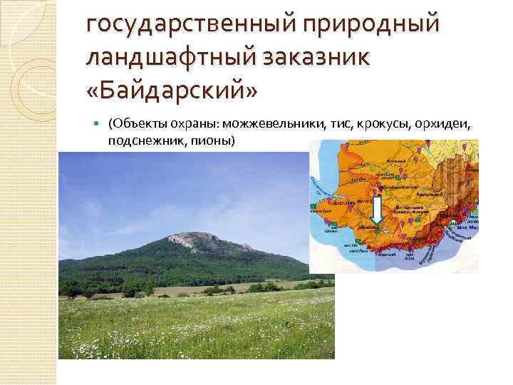 государственный природный ландшафтный заказник «Байдарский» (Объекты охраны: можжевельники, тис, крокусы, орхидеи, подснежник, пионы) 