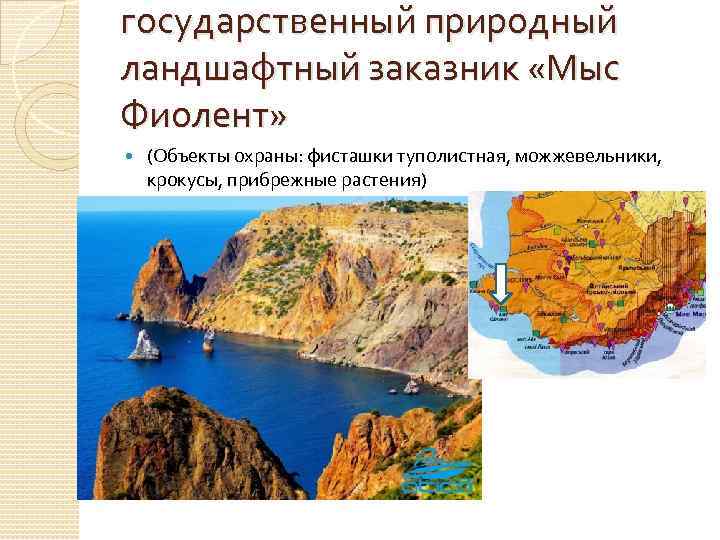 государственный природный ландшафтный заказник «Мыс Фиолент» (Объекты охраны: фисташки туполистная, можжевельники, крокусы, прибрежные растения)