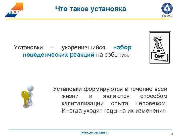 Что такое установка Установки – укоренившийся набор поведенческих реакций на события. Установки формируются в