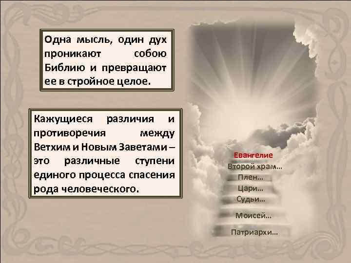 Одна мысль, один дух проникают собою Библию и превращают ее в стройное целое. Кажущиеся