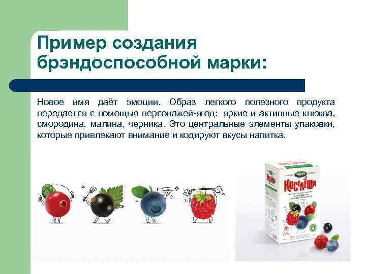 Пример создания брэндоспособной марки: Новое имя даёт эмоции. Образ легкого полезного продукта передается с