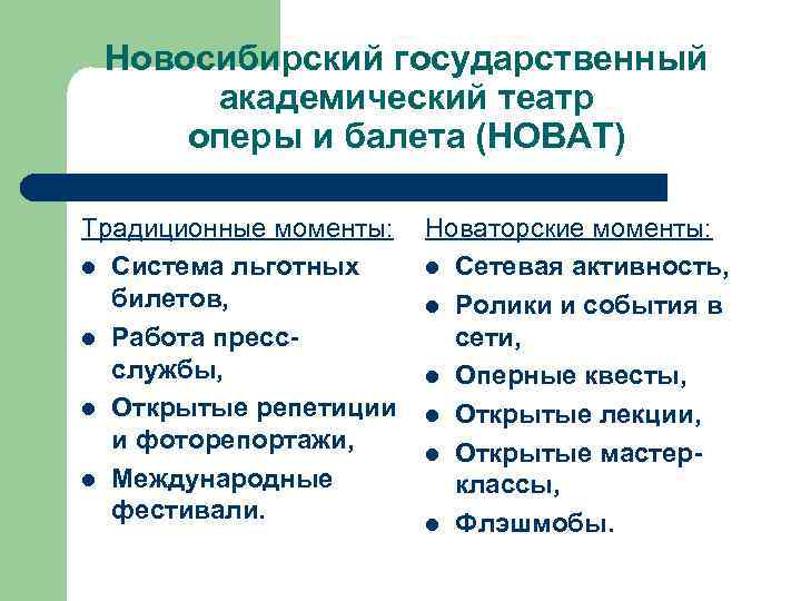 Новосибирский государственный академический театр оперы и балета (НОВАТ) Традиционные моменты: Новаторские моменты: l Система