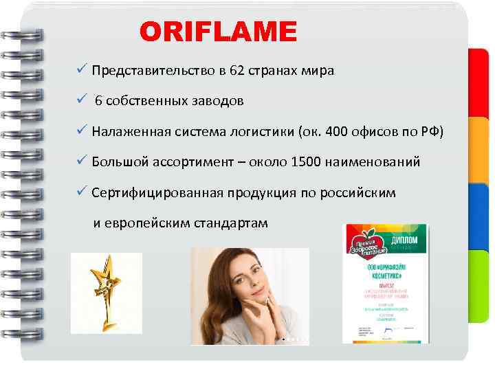 ORIFLAME ü Представительство в 62 странах мира ü 6 собственных заводов ü Налаженная система