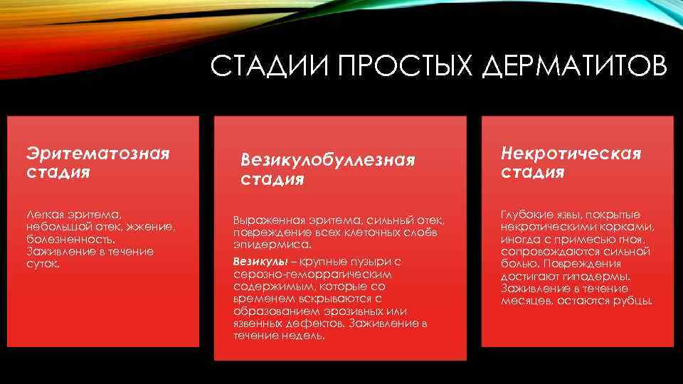 СТАДИИ ПРОСТЫХ ДЕРМАТИТОВ Эритематозная стадия Легкая эритема, небольшой отек, жжение, болезненность. Заживление в течение