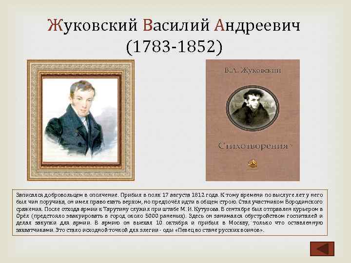 Жуковский Василий Андреевич (1783 1852) Записался добровольцем в ополчение. Прибыл в полк 17 августа