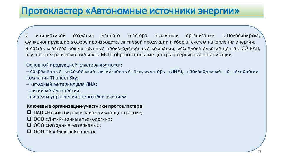 Протокластер «Автономные источники энергии» С инициативой создания данного кластера выступили организации г. Новосибирска, функционирующие