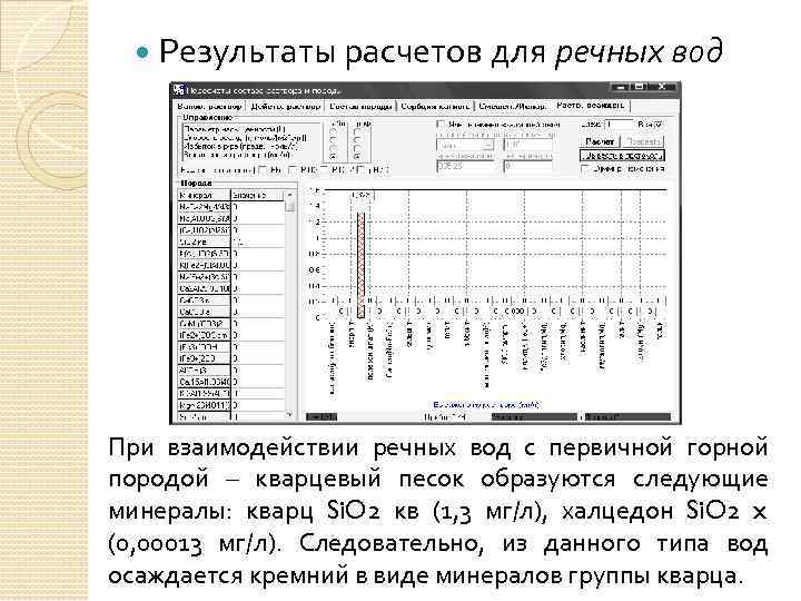  Результаты расчетов для речных вод При взаимодействии речных вод с первичной горной породой