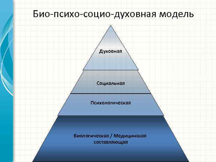 Био-психо-социо-духовная модель Духовная Социальная Психологическая Биологическая / Медицинская составляющая 