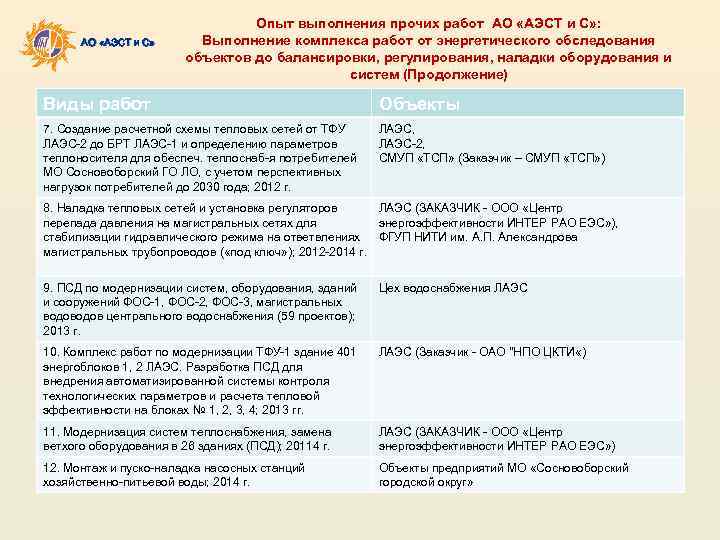 АО «АЭСТ и С» Опыт выполнения прочих работ АО «АЭСТ и С» : Выполнение