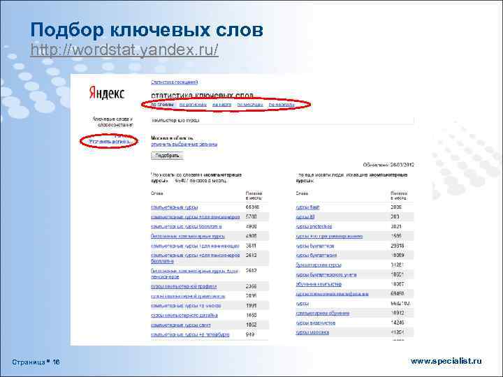 Подбор ключевых слов http: //wordstat. yandex. ru/ Страница 16 www. specialist. ru 