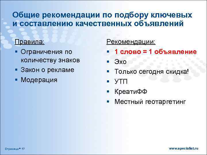 Общие рекомендации по подбору ключевых и составлению качественных объявлений Правила: § Ограничения по количеству