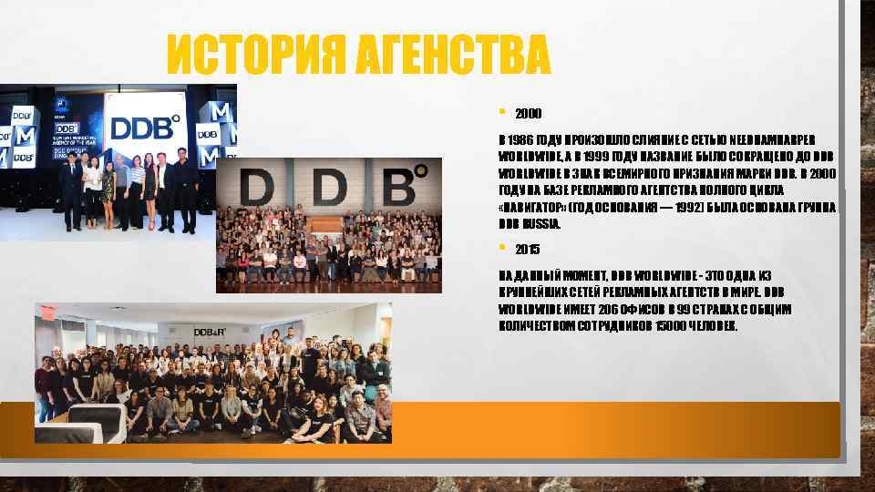 ИСТОРИЯ АГЕНСТВА • 2000 В 1986 ГОДУ ПРОИЗОШЛО СЛИЯНИЕ С СЕТЬЮ NEEDHAMHARPER WORLDWIDE‚ A